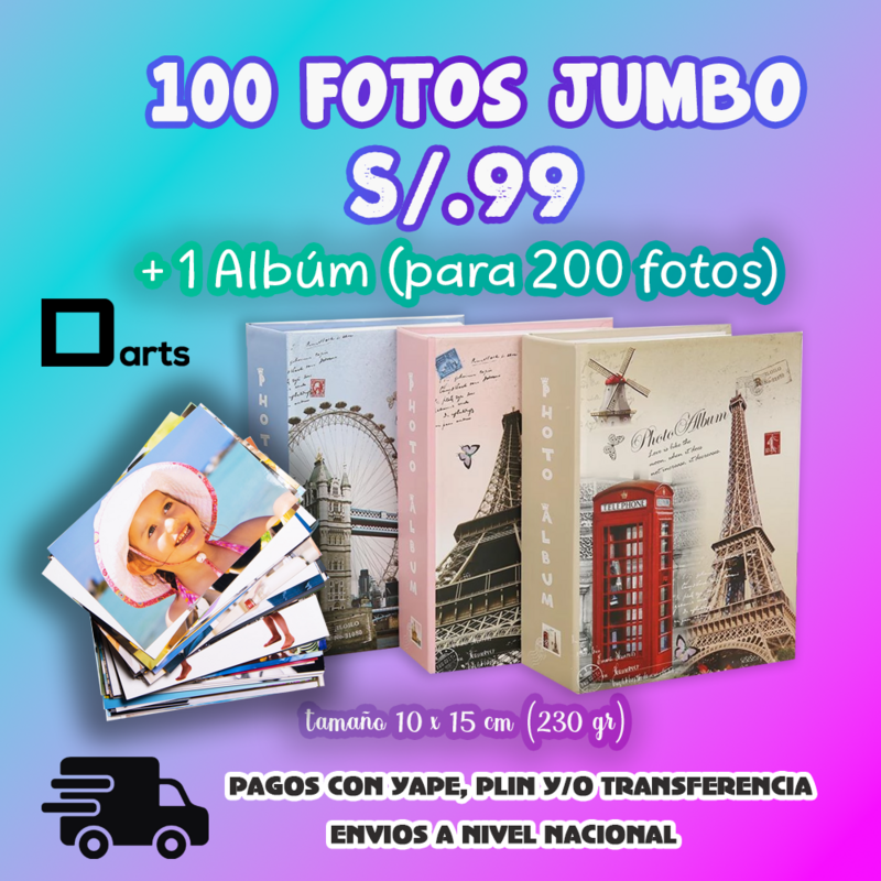 PACK 100 FOTOS JUMBO TAMAÑO 10x15 CM + 1 ÁLBUM DE CAPACIDAD 200 FOTOS