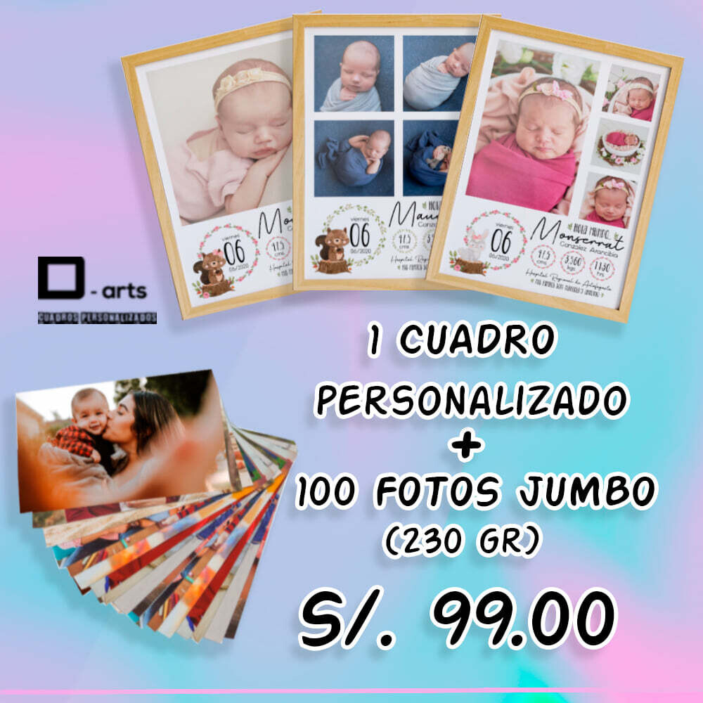 PACK  100 FOTOS JUMBOS MEDIDA 10X15 CM + 1 CUADRO DE NACIMIENTO PERSONALIZADO