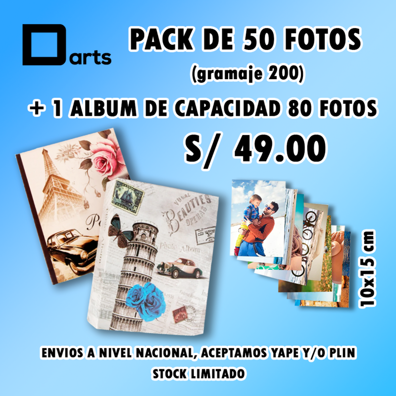 PACK 50 FOTOS JUMBO 10X15 CM + 1 ÁLBUM DE CAPACIDAD 80 FOTOS