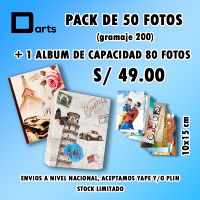 PACK 50 FOTOS JUMBO 10X15 CM + 1 ÁLBUM DE CAPACIDAD 80 FOTOS