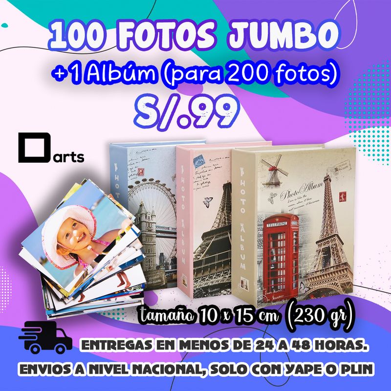 PACK 100 FOTOS JUMBO TAMAÑO 10x15 CM + 1 ÁLBUM DE CAPACIDAD 200 FOTOS