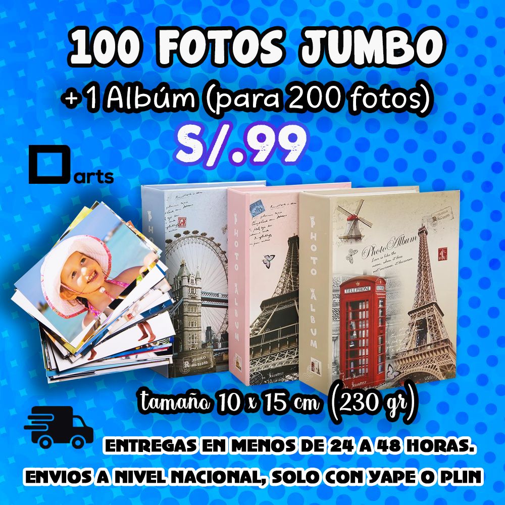 PACK 100 FOTOS JUMBO TAMAÑO 10x15 CM + 1 ÁLBUM DE CAPACIDAD 200 FOTOS PACK 100 FOTOS JUMBO TAMAÑO 10x15 CM + 1 ÁLBUM DE CAPACIDAD 200 FOTOS