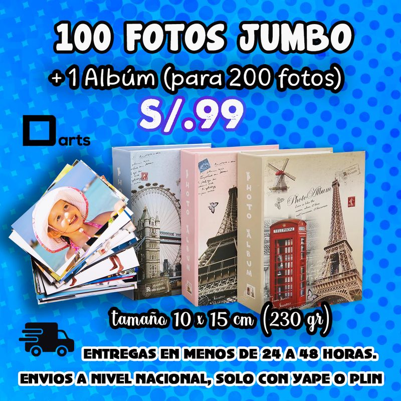 PACK 100 FOTOS JUMBO TAMAÑO 10x15 CM + 1 ÁLBUM DE CAPACIDAD 200 FOTOS PACK 100 FOTOS JUMBO TAMAÑO 10x15 CM + 1 ÁLBUM DE CAPACIDAD 200 FOTOS