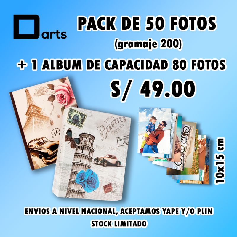 PACK 50 FOTOS JUMBO 10X15 CM + 1 ÁLBUM DE CAPACIDAD 80 FOTOS