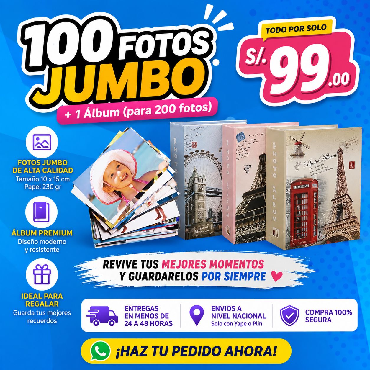 PACK 100 FOTOS JUMBO TAMAÑO 10x15 CM + 1 ÁLBUM DE CAPACIDAD 200 FOTOS