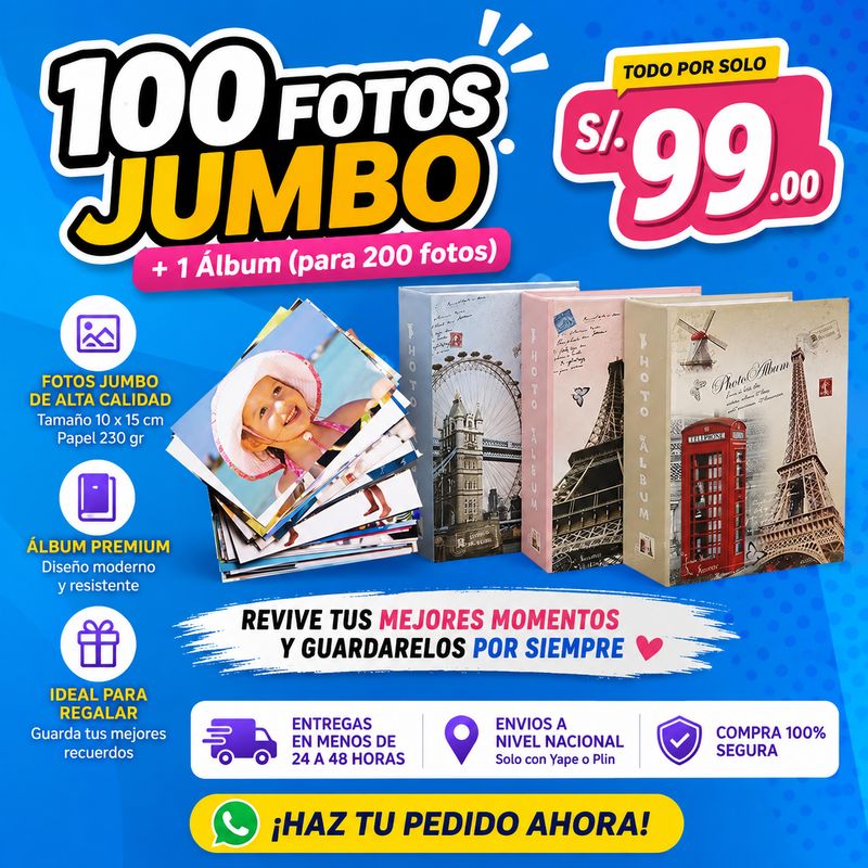 PACK 100 FOTOS JUMBO TAMAÑO 10x15 CM + 1 ÁLBUM DE CAPACIDAD 200 FOTOS PACK 100 FOTOS JUMBO TAMAÑO 10x15 CM + 1 ÁLBUM DE CAPACIDAD 200 FOTOS