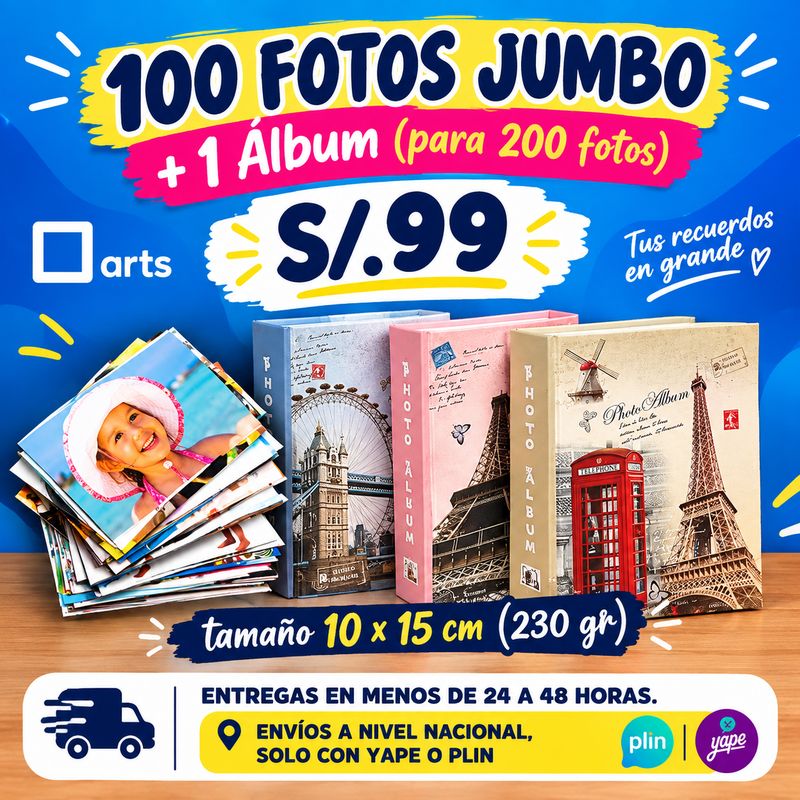 PACK 100 FOTOS JUMBO TAMAÑO 10x15 CM + 1 ÁLBUM DE CAPACIDAD 200 FOTOS