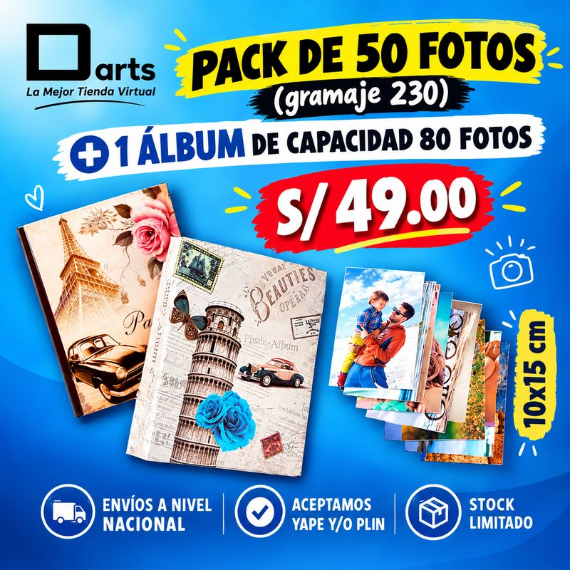 PACK 50 FOTOS JUMBO 10X15 CM + 1 ÁLBUM DE CAPACIDAD 80 FOTOS