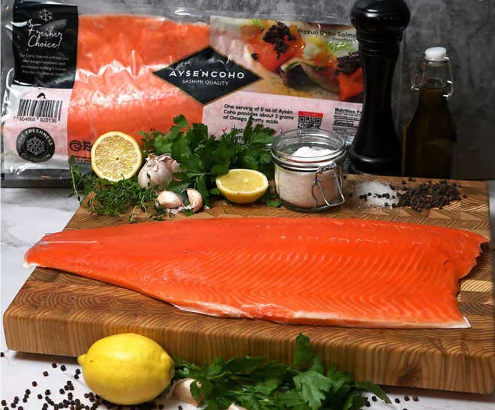 Fish (raw): Salmon (Sashimi grade) raw frozen fillets - premium quality.