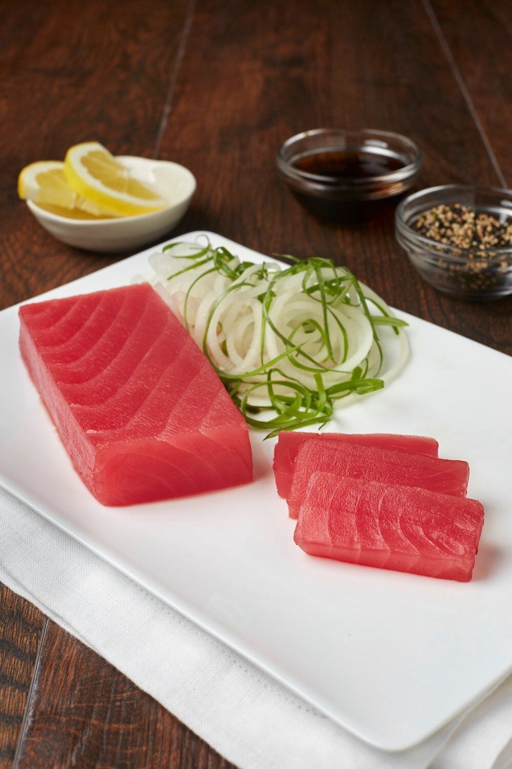 Fish (raw): Ahi Tuna 10oz saku cut (wild). Raw, frozen. Sashimi quality. PREMIUM CUT