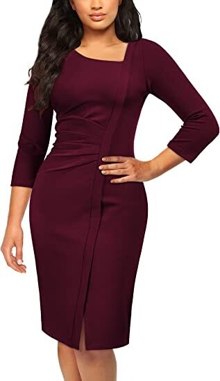 Women&#39;s Burgundy V-Neck Stretch Faux Wrap Bodycon Dress