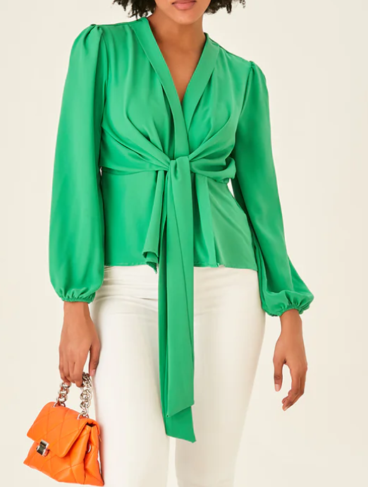 V Neck Long Sleeve Knot Wrap Top (Green) UK Sizes