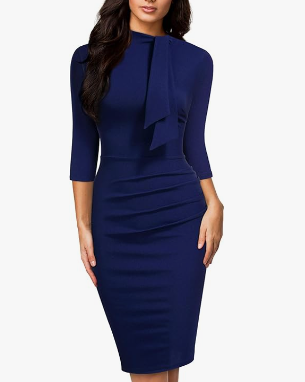 Women&#39;s Tie Collar Pencil Dress (Navy Blue)
