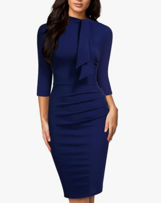 Women&#39;s Tie Collar Pencil Dress (Navy Blue)