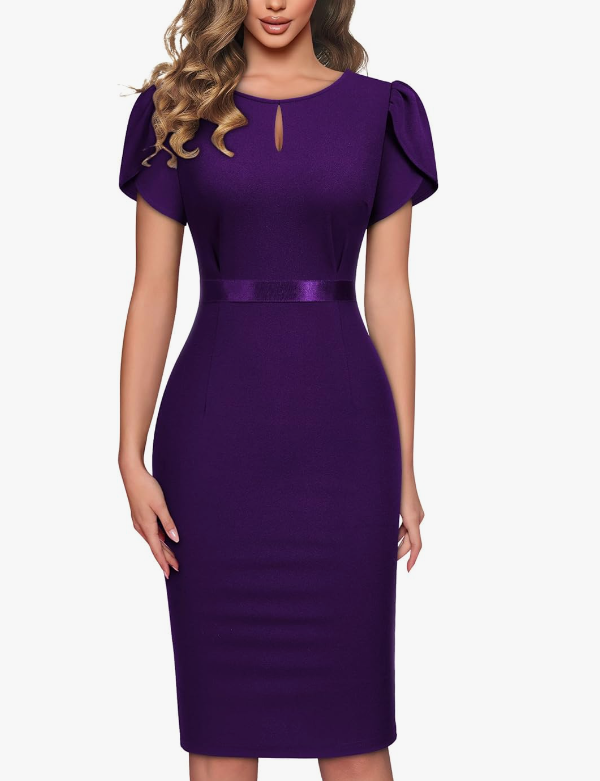 Women&#39;s Puff Sleeves Keyhole Neck Pencil Dress