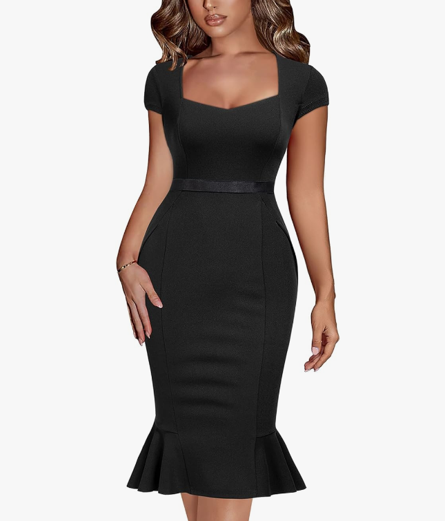 Women&#39;s Square Neck Ruffle Hem Dress (Black)