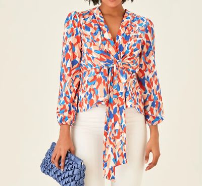 V Neck Long Sleeve Knot Wrap Top (Multi Orange) UK Sizes