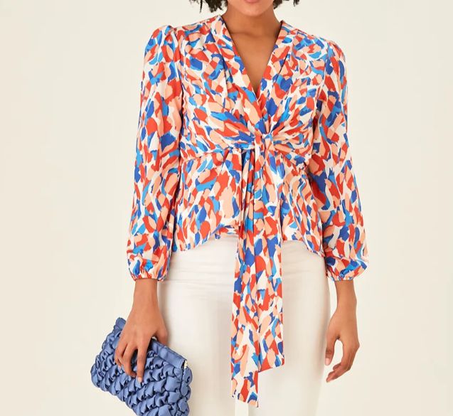 V Neck Long Sleeve Knot Wrap Top (Multi Orange) UK Sizes