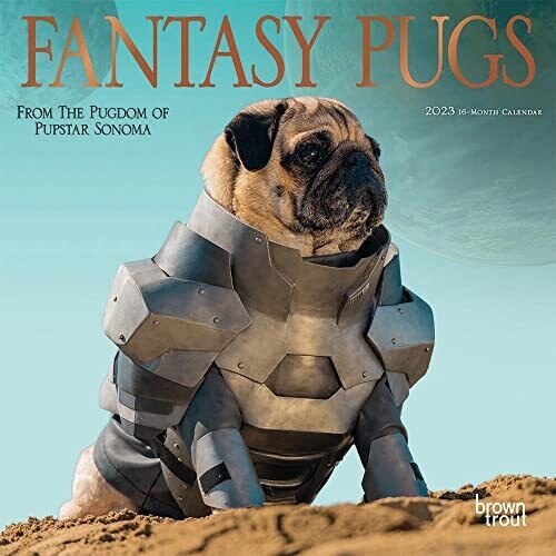 Fantasy Pugs | 2023 7 X 14 Inch Monthly Mini Wall Calendar | Foil Stamped Cover | Browntrout | Funny Animals Dogs