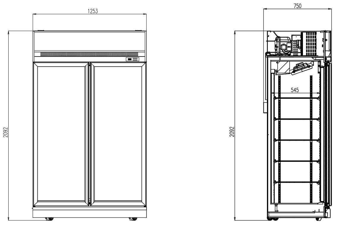 Getränkekühlschrank mit Leuchtaufsatz und 2 Glastüren | Schwarz