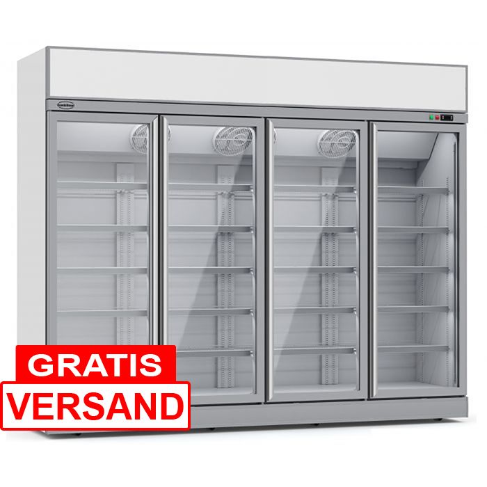 Getränkekühlschrank mit Leuchtaufsatz und 4 Glastüren | Silber