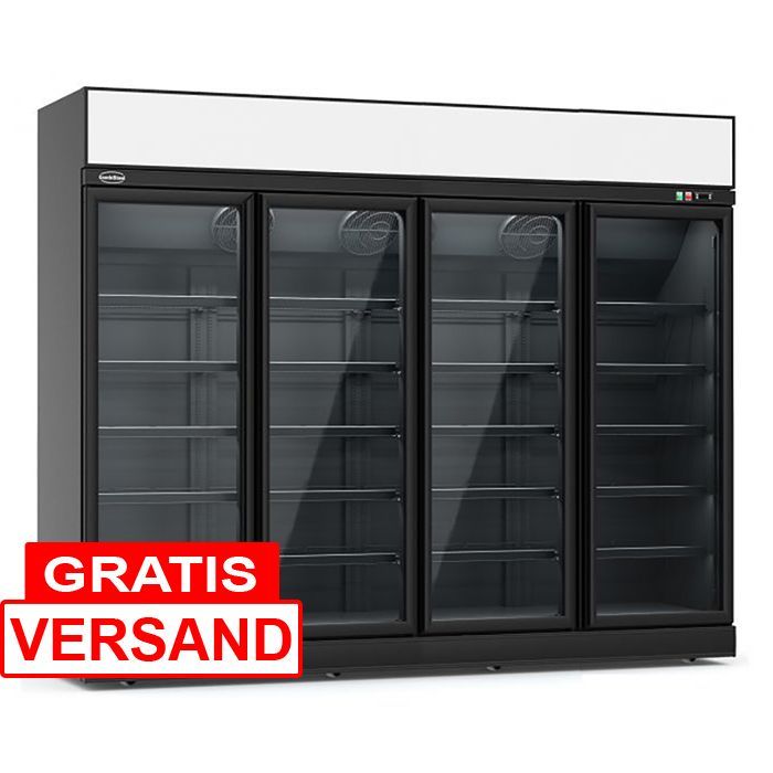 Getränkekühlschrank mit Leuchtaufsatz und 4 Glastüren | Schwarz