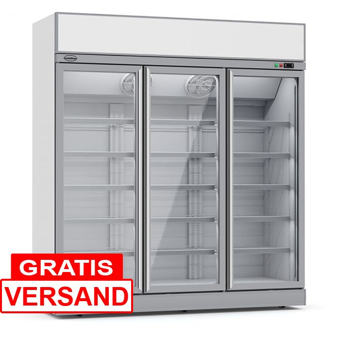 Getränkekühlschrank mit Leuchtaufsatz und 3 Glastüren | Silber