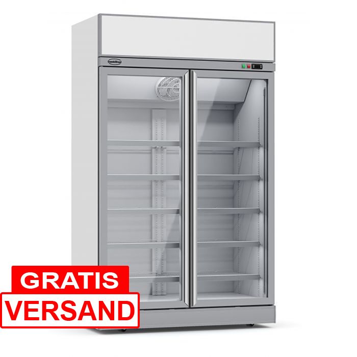 Getränkekühlschrank mit Leuchtaufsatz und 2 Glastüren | Silber