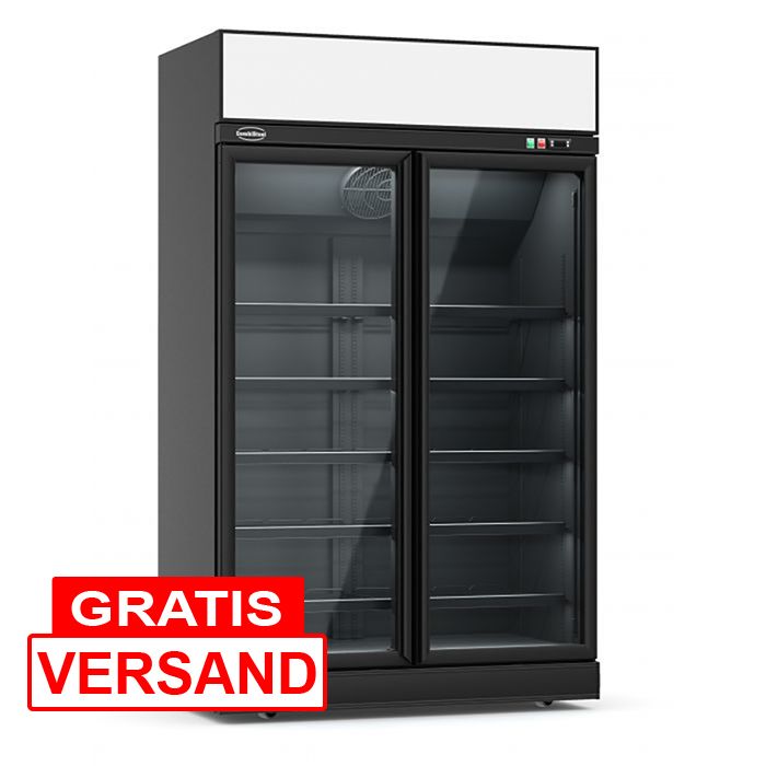 Getränkekühlschrank mit Leuchtaufsatz und 2 Glastüren | Schwarz Getränkekühlschrank mit Leuchtaufsatz und 2 Glastüren | Schwarz