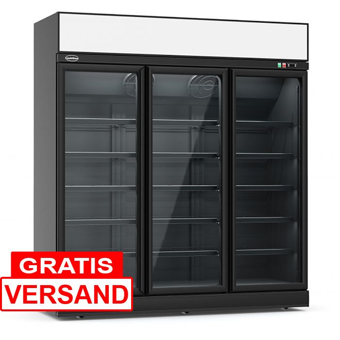 Getränkekühlschrank mit Leuchtaufsatz und 3 Glastüren | Schwarz