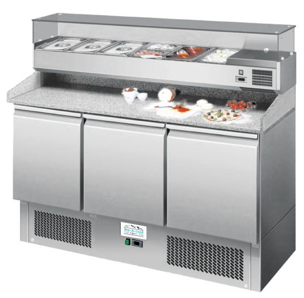3-Türiger Pizza Kühltisch mit Granitplatte, 380L