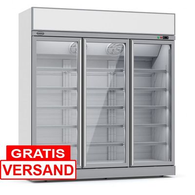 Getränkekühlschrank mit Leuchtaufsatz und 3 Glastüren | Silber Getränkekühlschrank mit Leuchtaufsatz und 3 Glastüren | Silber
