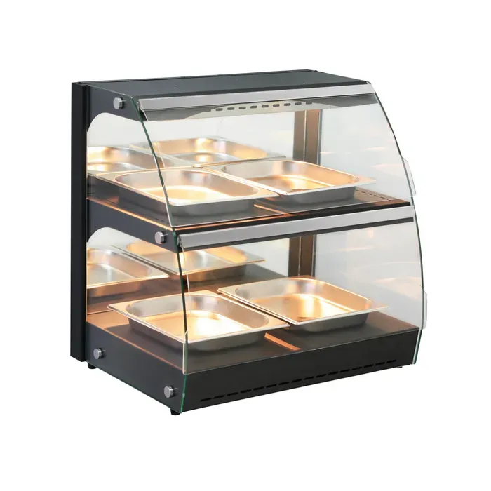 Warmhaltevitrine mit Quarzheizung & 2 Regalböden | Edelstahlgehäuse, Spiegelrückwand & Glastüren | 650x485x630 mm