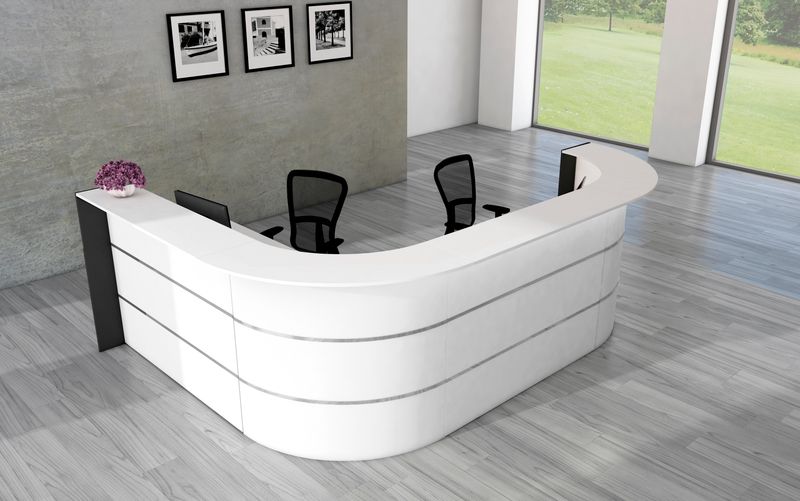 Bari L-Beratungstheke mit optionalem Stauraum und LED-Beleuchtung Bari L-Beratungstheke mit optionalem Stauraum und LED-Beleuchtung