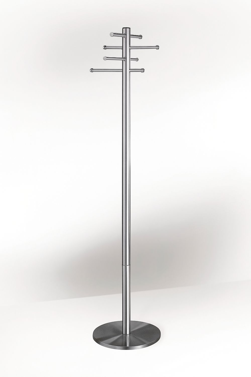 Arte-Garderobenständer aus Edelstahl mit 4 Armen und 8 Haken | Ø 410 mm | H 1800 mm Arte-Garderobenständer aus Edelstahl mit 4 Armen und 8 Haken | Ø 410 mm | H 1800 mm, Arte-Schirmhalter: Ohne Schirmhalter, Arte-Kleiderbügel, Edelstahl, Ø 12 mm: Ohne Kleiderbügel