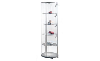 Runde Vitrine mit höhenverstellbaren Glasböden | mit Rollen & LED Runde Vitrine mit höhenverstellbaren Glasböden | mit Rollen & LED