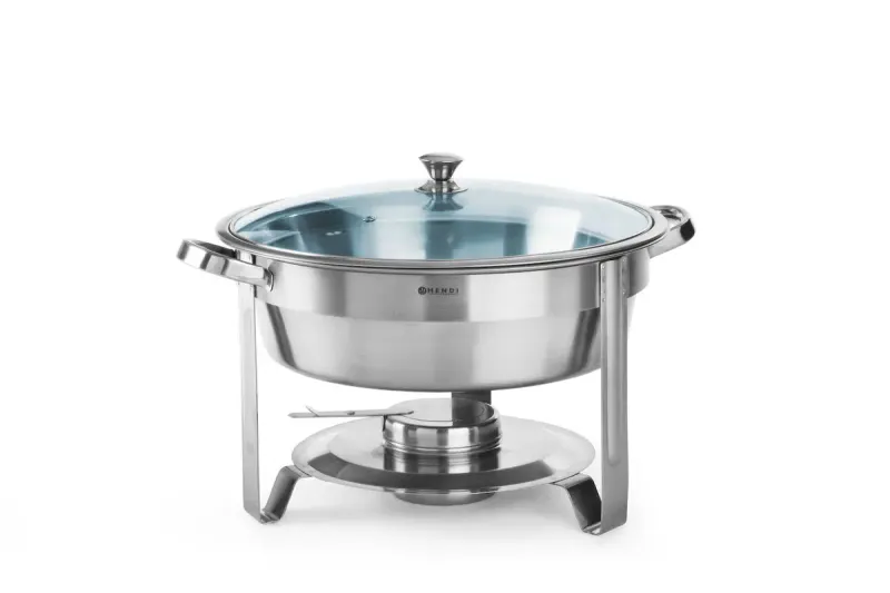 Chafing Dish rund, Edelstahl, 3,5L, mit Glasdeckel & Brennpastenbehälter