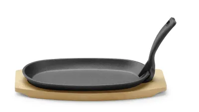 Gusseisenplatte | Holzunterlage & Griff