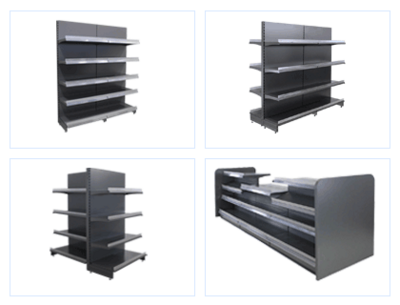 Ladenregal für Einzelhandel. Wandregal, Gondelregal, Kopfregal und Verkaufstheke