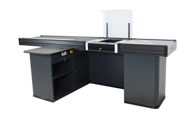 Supermarktkasse 2,9 m – schmale Warenwanne – Linksband Supermarktkasse 2,9 m – schmale Warenwanne – Linksband