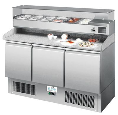 3-Türiger Pizza Kühltisch mit Granitplatte, 380L