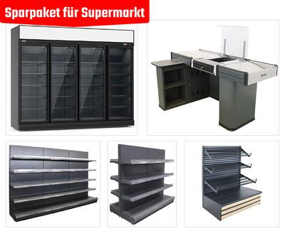 Starter-Bundle Ladeneinrichtung | 5-teilig inkl. XXL-Kühlung, Kassentisch & Regalsysteme