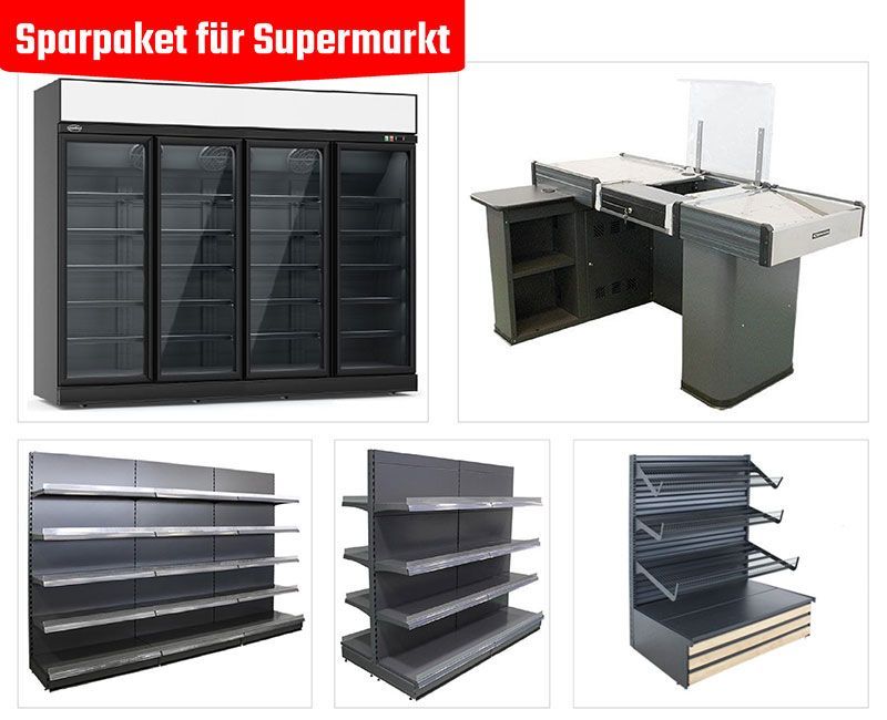 Starter-Bundle Ladeneinrichtung | 5-teilig inkl. XXL-Kühlung, Kassentisch & Regalsysteme, Kühlschrankfarbe: Schwarz, Wandregal + Gondelregal Farbe: Anthrazit