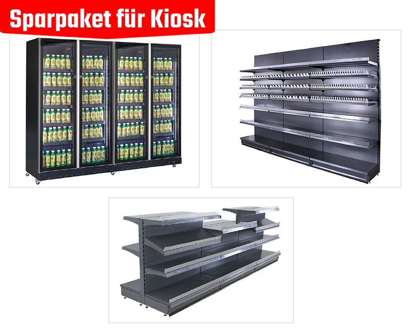 Kiosk-Sparpaket Pro | Theke, Zigarettenregal & 4-türiger Getränkekühlschrank