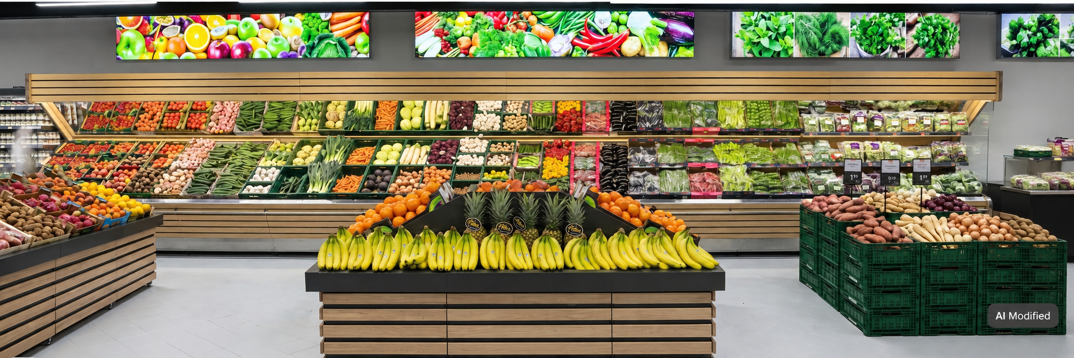 Obst- und Gemüseregal mit drei Etagen und Holzkisten für eine übersichtliche Frischepräsentation im Verkaufsraum.