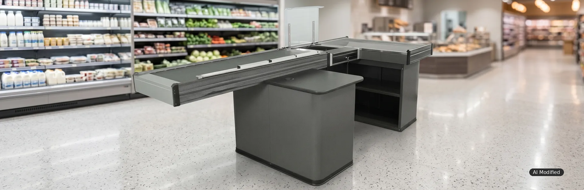Kassenbereich planen: Checkout-Zone mit Warenfluss, Packfläche und Kassenmöbeln im Einzelhandel.