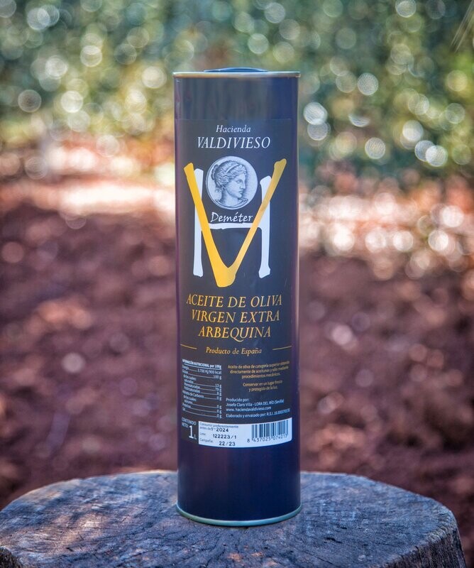Aceite de Oliva Virgen Extra Arbequina. Botella metálica 1L. Caja de 6 unidades