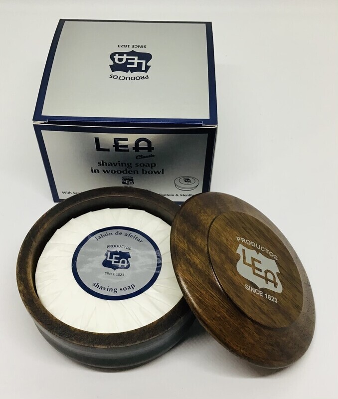 Sandalwood &amp; Moss aroma LEA shaving soap in wooden bowl