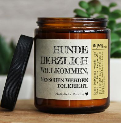 Soja Duftkerze "Hunde herzlich willkommen..." Vanille