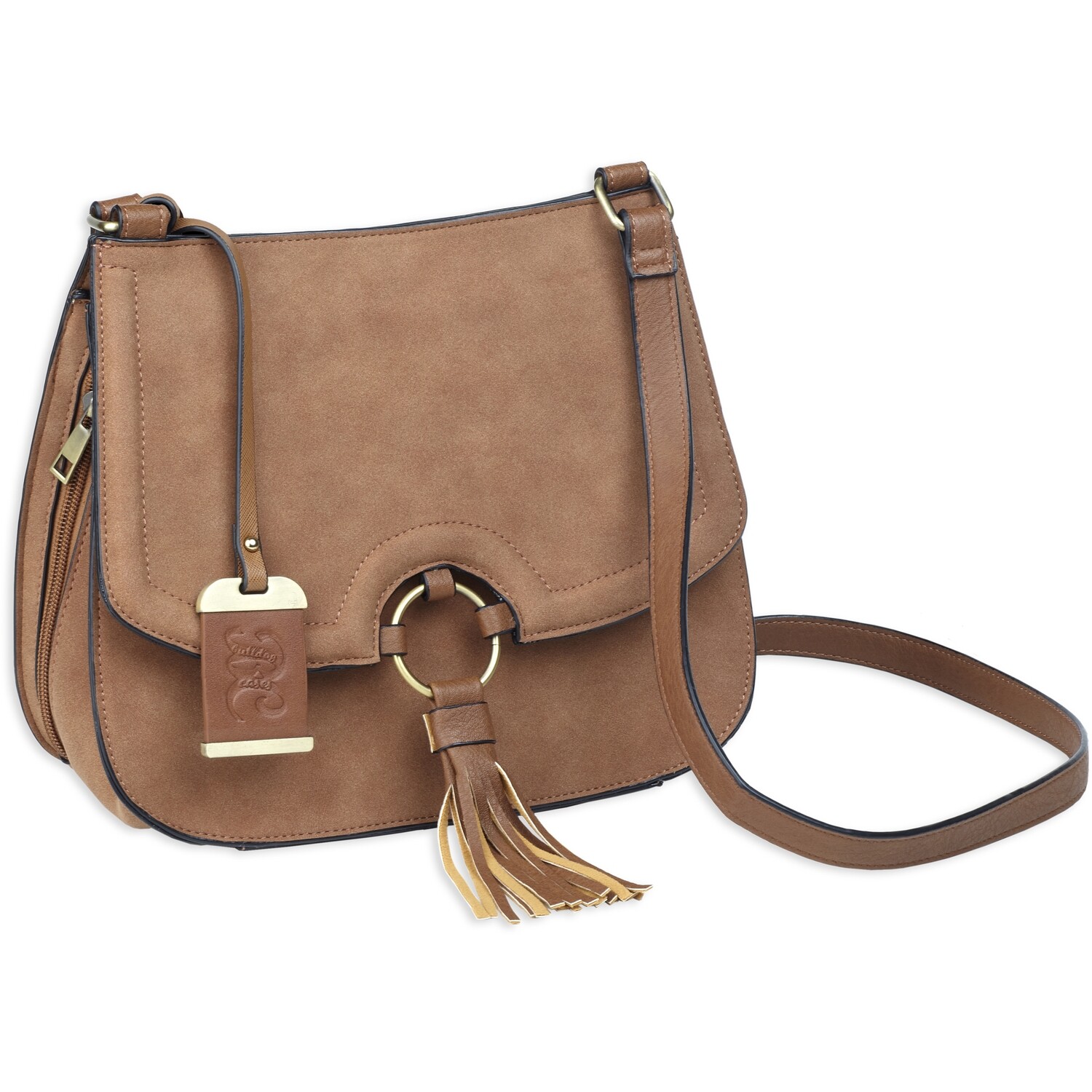 Bulldog Cross Body Purse, Color/Finish: Camel Suede